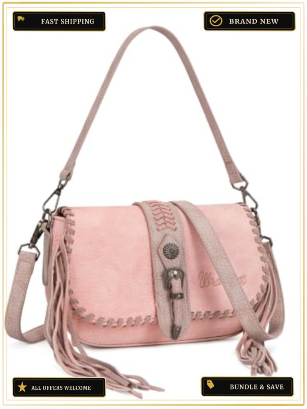 Wrangler Western Shoulder Bag Women Flap Crossbody Purse Whipstitch Fringe Faux - Picture 1 of 6